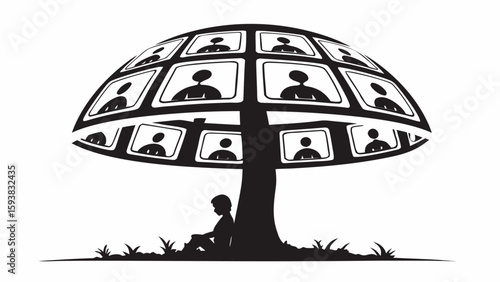 Silhouette of a person sitting under a tree whose leaves are screens displaying people in black and white