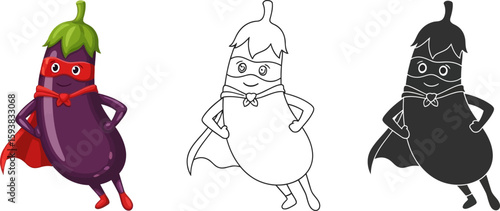 Superhero eggplant cartoon illustration vector graphics for kids coloring page and design asset