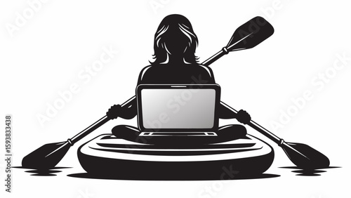 Silhouette of a person paddling a kayak with a laptop in their lap with paddles in the water outdoors