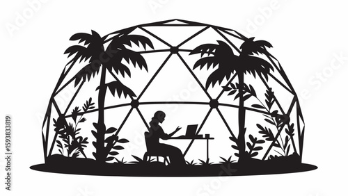 Silhouette of woman working on laptop inside geodesic dome with palm trees and plants around her