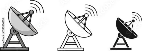 Satellite dish vector illustration set, communication antenna graphic design element isolated on white