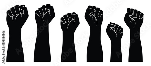 First silhouette icons set, raised fists vector illustration isolated on white background. Person's hand holding up in the air symbol of protest and freedom for social justice movement design elements