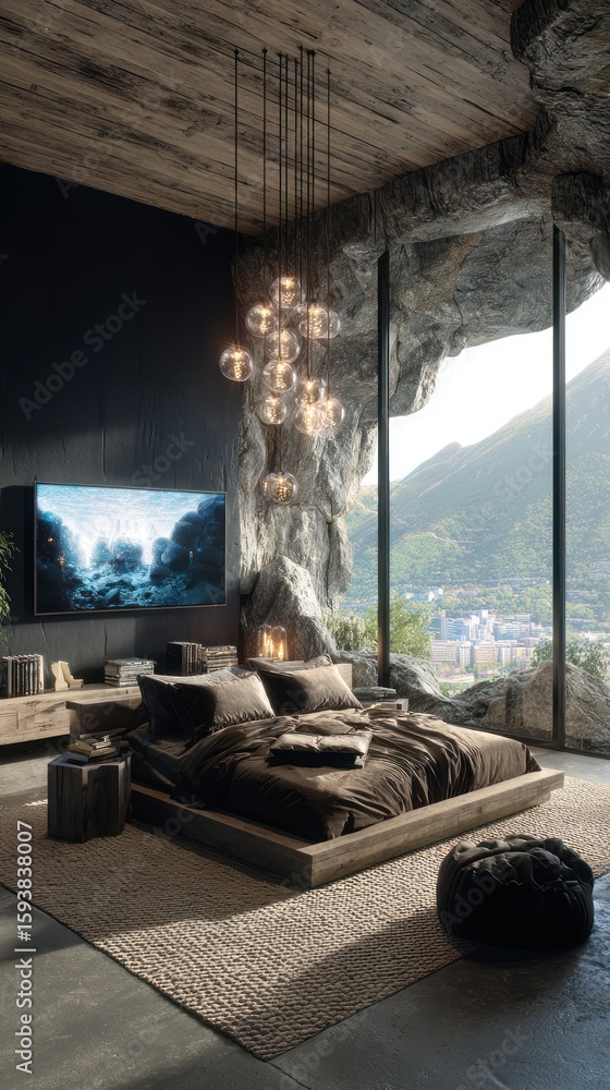 Fototapeta premium Luxe cave bedroom with natural rock accent wall and a large window with mountain view