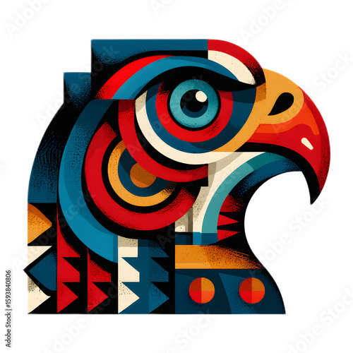 A bold modern interpretation of a falcon head featuring geometric shapes vibrant colors and a minimalist abstract design