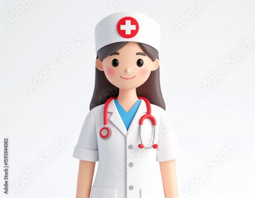 A 3D illustration of a smiling female nurse wearing a white uniform, nurse cap with a red cross, and a stethoscope around her neck.
