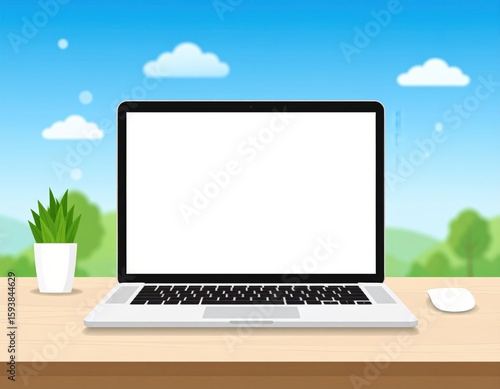 A laptop with a blank white screen on a wooden desk, accompanied by a small potted plant and a wireless mouse, set against a bright outdoor background.