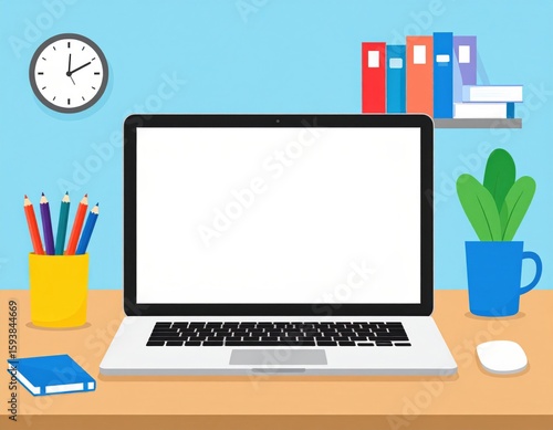 A tidy workspace with a laptop, colorful pencils, books, a clock, and a plant on a desk against a blue wall.