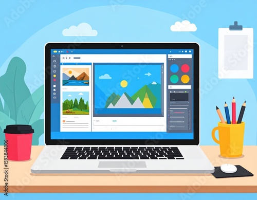 A colorful digital illustration of a laptop on a desk showing graphic design software with scenic images, accompanied by a coffee cup, pencil holder, and mouse.