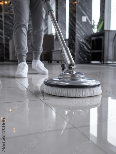 Wallpaper Mural Cleaning action on tile floors indoor setting professional equipment modern environment close-up view hygiene concept Torontodigital.ca