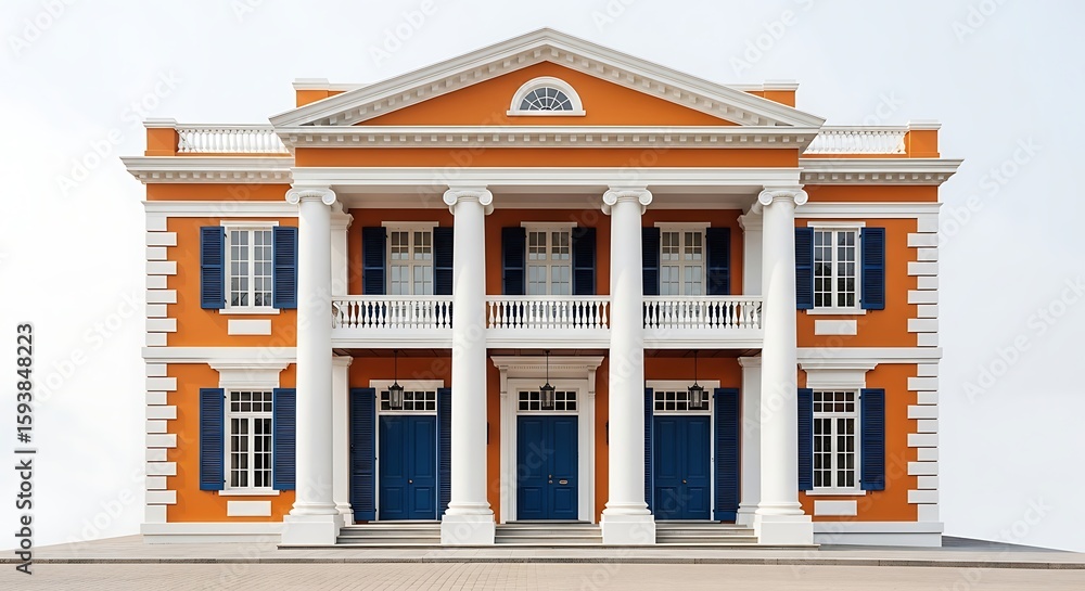 Fototapeta premium Orange colonial architecture building design with columns and blue shutters facade view