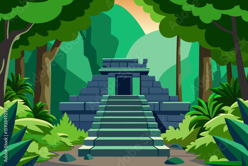 Ancient Mayan Temple Ruins Hidden in Lush Jungle with Stone Staircase