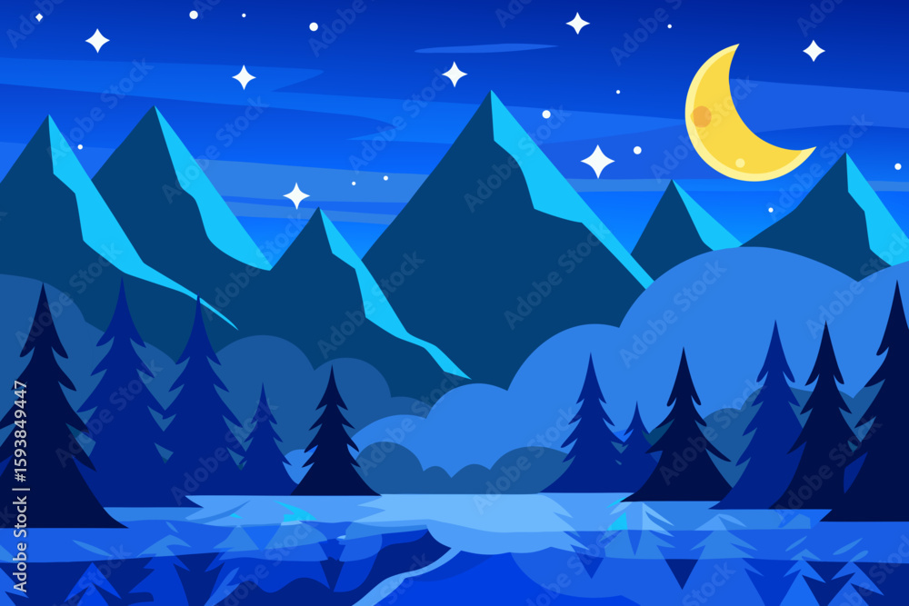 Fototapeta premium Nighttime Mountain Landscape with Moon and Stars Over Calm Lake