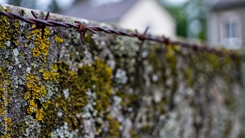 Barbed Wire Fence: Mossy Wall, Rusty Spikes, Blurred Background.