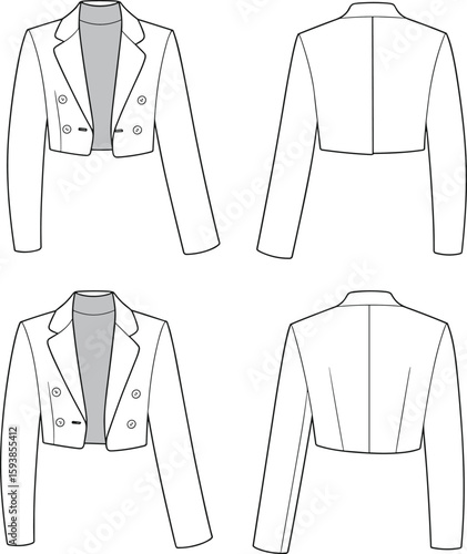 Cropped blazer fashion flat sketch, double breasted jacket front and back view, tailored coat technical drawing, womenswear garment illustration