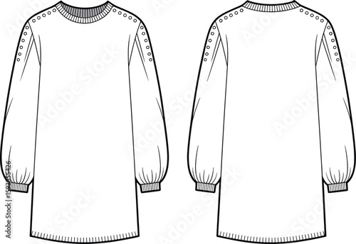 Flat sketch of women’s long sleeve tunic top with round neck, shoulder button detail, ribbed cuff, minimalist casual fashion design.
