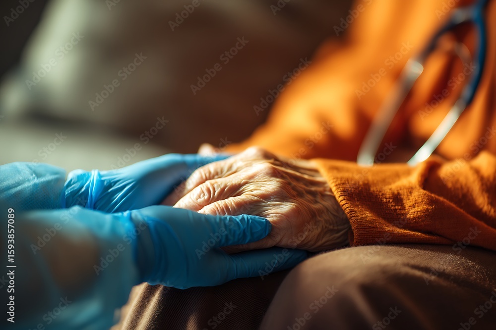 Fototapeta premium Compassionate Doctor Holding Elderly Patient's Hand in Comforting Gesture, Providing Medical Care and Support During a Checkup