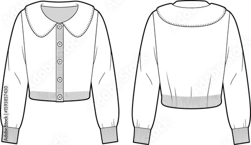 Cropped button front sweater with peter pan collar, ribbed hem and cuffs, long sleeves, women’s cardigan fashion flat sketch