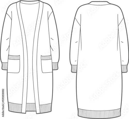 Flat sketch of long open front cardigan with patch pockets, ribbed cuffs and hem, front and back technical fashion drawing.