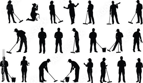 Silhouette collection of male and female janitors working with mop, bucket, spray bottle, and cleaning tools in multiple poses, illustration