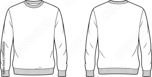 Front and back view of plain crew neck sweater, casual knitwear, ribbed cuff, long sleeve pullover fashion flat sketch