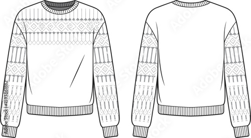 Front and back view of winter sweater, fair isle pattern, long sleeves, ribbed hem, knit fashion flat sketch, cozy design