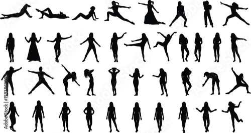 Silhouette collection of women in various poses, dancing, standing, sitting, fashion model postures, vector illustration for creative design