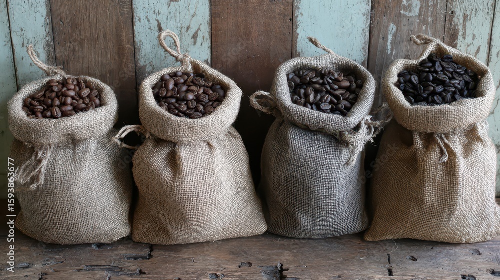 Fototapeta premium Burlap sacks filled with assorted coffee beans.