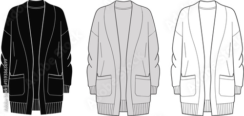 Oversized cardigan flat sketch, front view illustration, cozy knitwear design, fashion technical drawing, sweater with pockets, long sleeve outerwear design