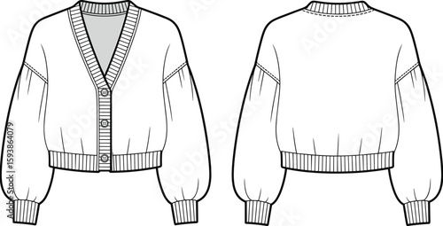 Women’s cropped cardigan front and back view, ribbed cuffs and hem, button front, balloon sleeves, cozy knitwear fashion design