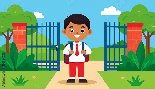 Smiling schoolboy with backpack stands at open school gates in a park-like setting.