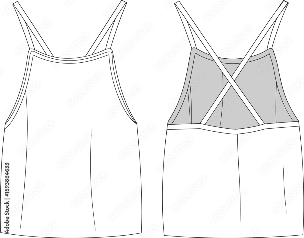 Sleeveless camisole top with square neckline, double straps, criss-cross back design, minimal style, front and back flat sketch Sleeveless camisole top with square neckline, double straps, criss-cross back design, minimal style, front and back flat sketch
