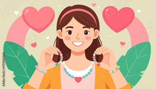 Happy woman admiring colorful heart-shaped jewelry, surrounded by love symbols.