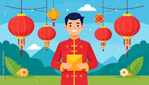 Smiling man in traditional red Chinese clothing holds a golden envelope, surrounded by festive lanterns and nature.