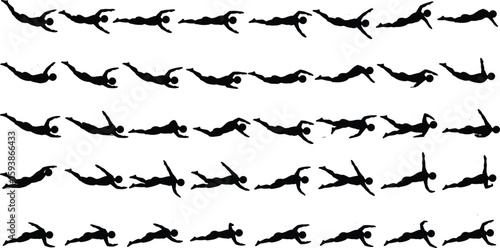 Silhouette sequence of swimmer performing freestyle stroke, swimming movement progression, athlete in motion, sports training, water exercise illustratio