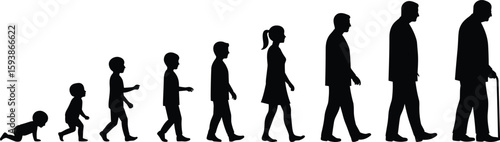 Silhouette of human life stages from crawling baby to elderly person, showing growth, development, aging, childhood, adulthood, evolution