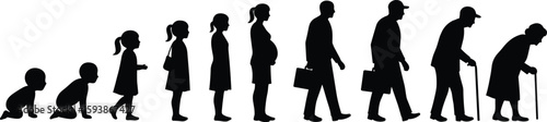 Silhouette illustration showing human life stages from crawling baby to elderly age, representing aging process, growth, development, time, evolution