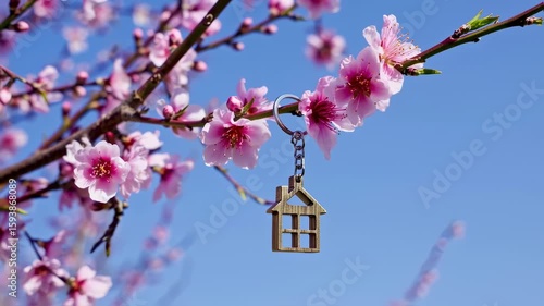 Blooming Spring Blossoms and Home Keyring Against Blue Sky