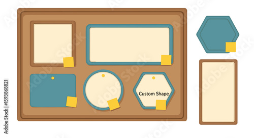 Illustration of a bulletin board with various shaped note cards attached with yellow sticky notes displayed on transparent background