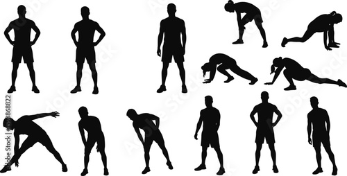 Silhouettes of athletic men stretching, exercising, standing, resting, warming up, cooling down, fitness training poses, black and white illustration