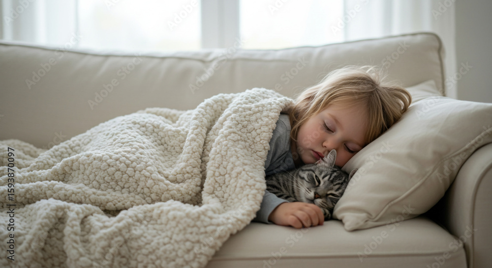 Child sleeping with cat on sofa Child sleeping with cat on sofa