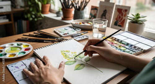 Artist painting watercolor flowers at home studio, creative artwork and hobby
