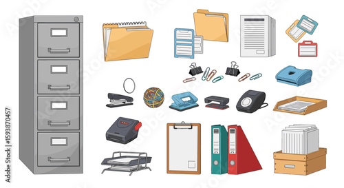 Illustration of office supplies including filing cabinet folders and various stationery items displayed on transparent background