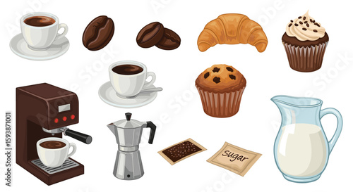 Still life of coffee beans, coffee maker, cups, croissant, muffins, sugar and milk illustration on transparent background