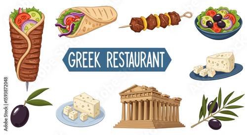 Illustration of greek food, including gyros, souvlaki, salad, feta, olives, and the parthenon building on transparent background