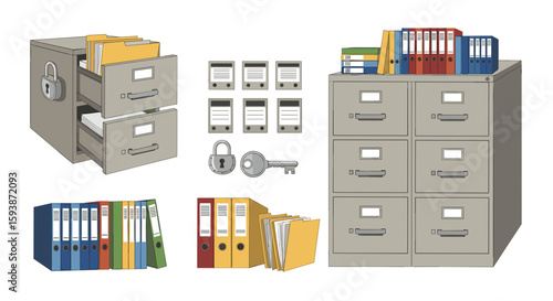 Illustration of filing cabinets with open drawers folders binders lock and key on a white background on transparent background