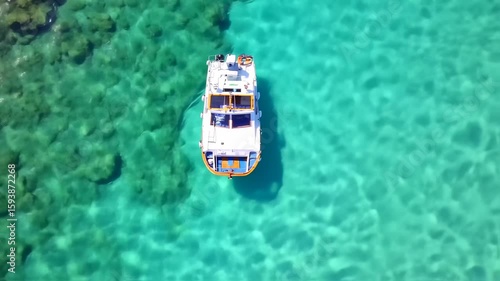 Boat Floating on Turquoise Water: Aerial View of a Serene Tropical Paradise
