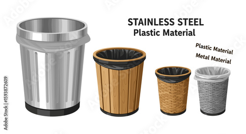 A collection of four different trash cans made of stainless steel, wood, wicker, and plastic material shown on transparent background