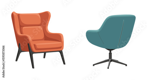 Two chairs one orange wingback chair and one teal swivel chair on a white studio background interior design on transparent background