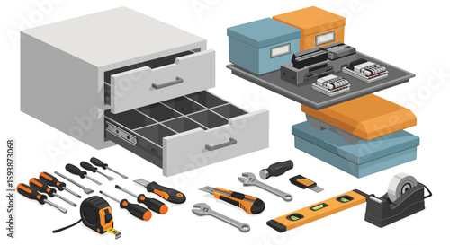Isometric view of a white cabinet with open drawers and various tools and supply boxes on a white background on transparent background