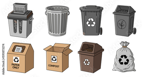 Illustration showing various types of waste containers and recycling bins for different materials on transparent background